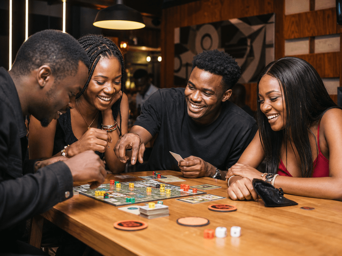 Friends laughing over a tabletop game at a Lagos game night