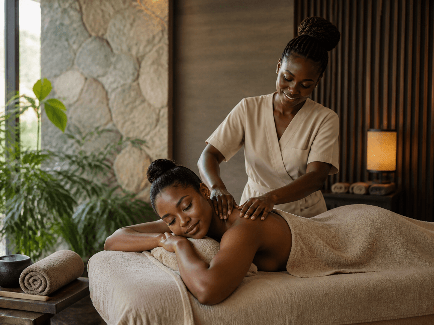A woman receiving a relaxing treatment at a contemporary Lagos spa